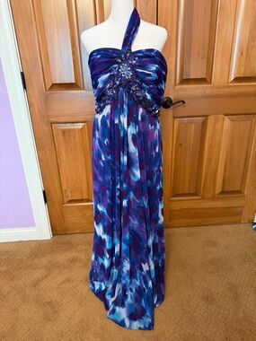 Xscape One-Shoulder Purple and Blue Beaded Evening Gown